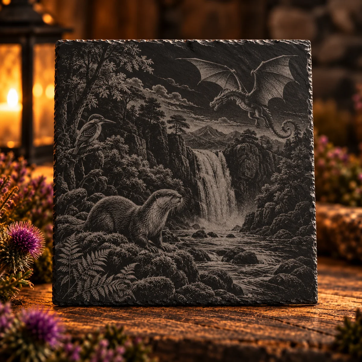 Cadarn Slate Crafts Dragon Falls engraved slate: a dragon over a waterfall with a kingfisher and an otter
